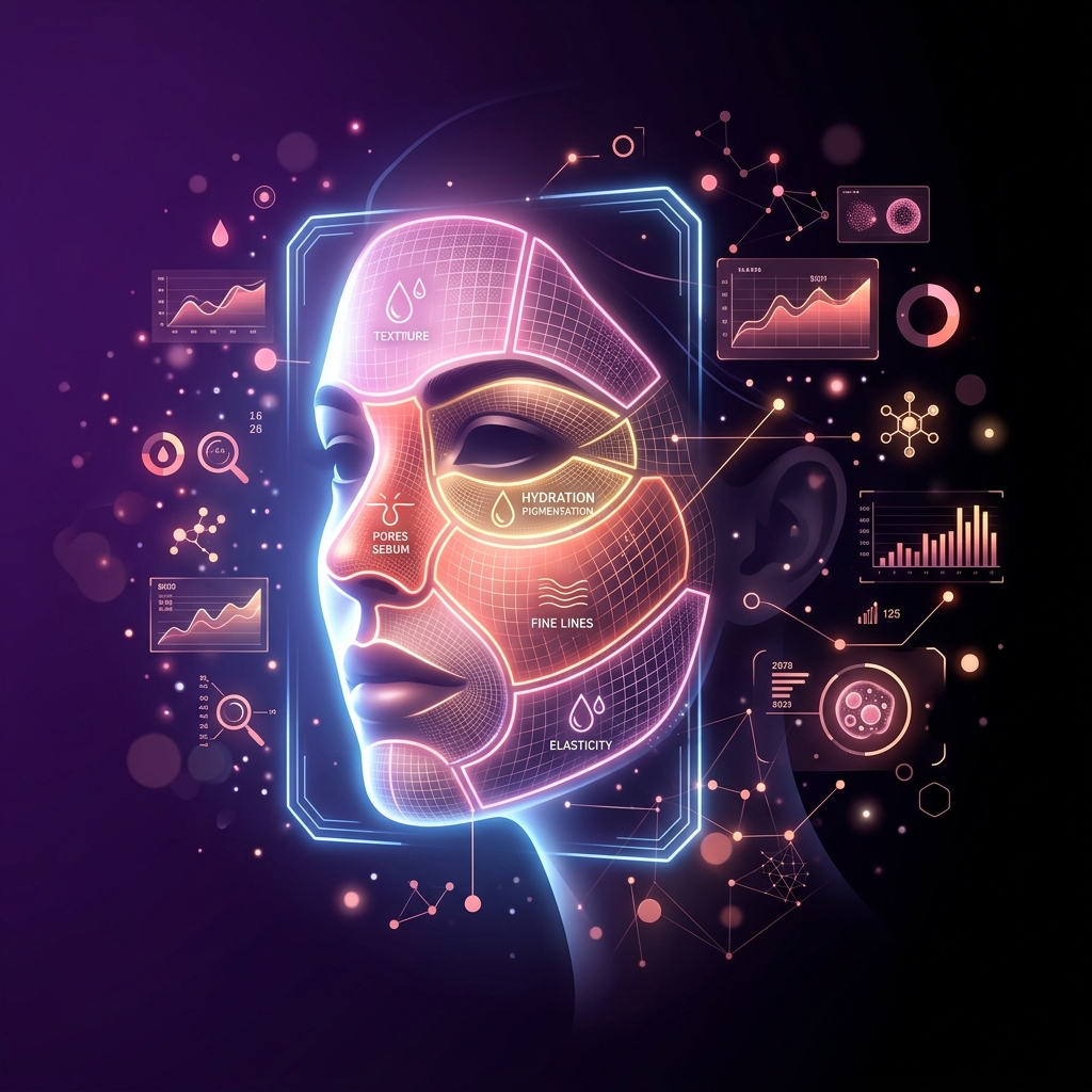 AI skin analysis showing hydration, texture and health data